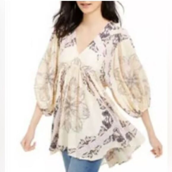 Free People oversized ivory boho empire waist flowy tunic top w/ pockets size XS - Picture 3 of 13